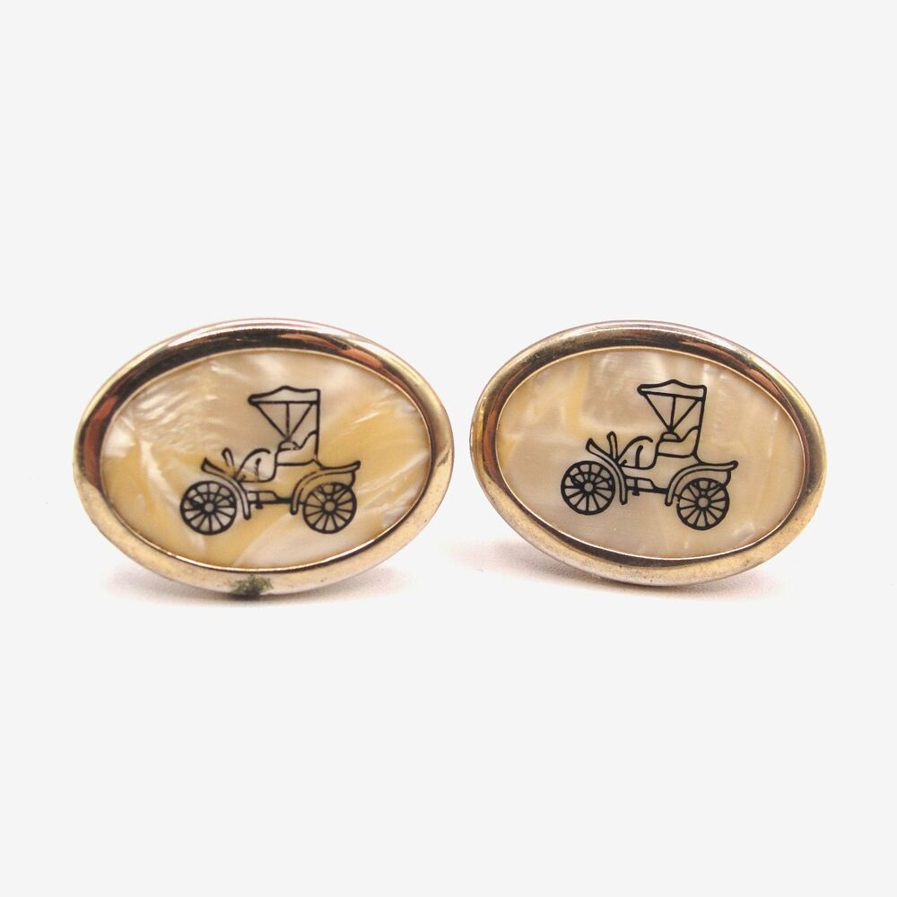 Vintage Ford Model T Cufflinks Gold Tone Mother of Pearl Antique Classic Car MCM